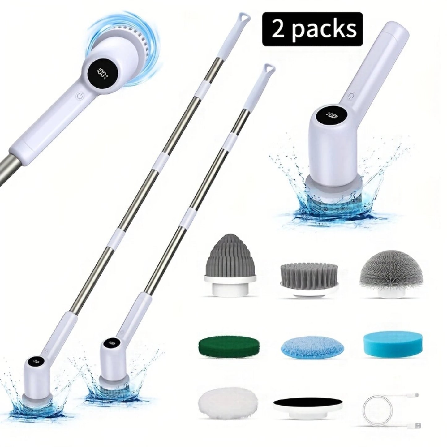 2packs Electric Spin Scrubber, 2024 Upgrade Cordless Shower Scrubber With 7 Replaceable Brush And Dual Speed, Adjustable & Detac