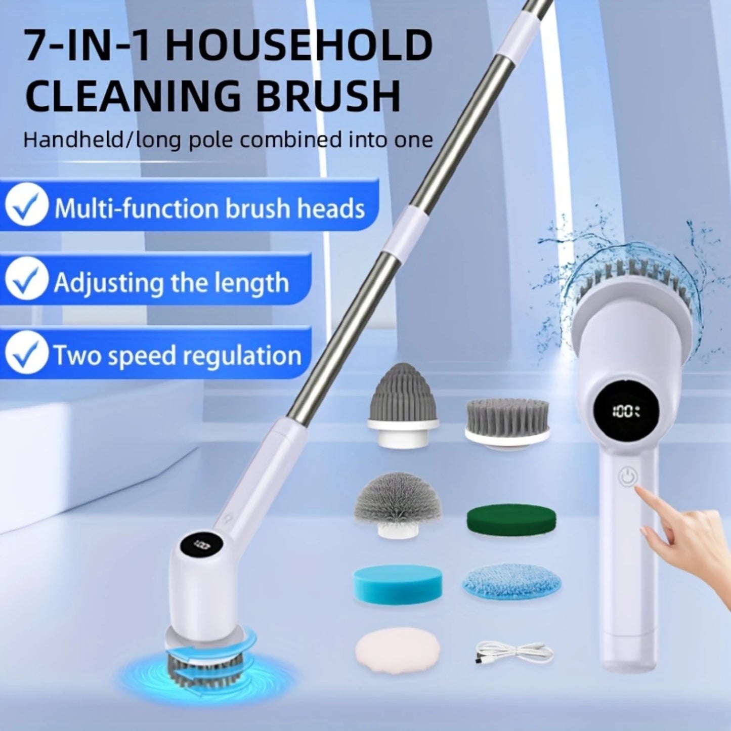 2packs Electric Spin Scrubber, 2024 Upgrade Cordless Shower Scrubber With 7 Replaceable Brush And Dual Speed, Adjustable & Detac